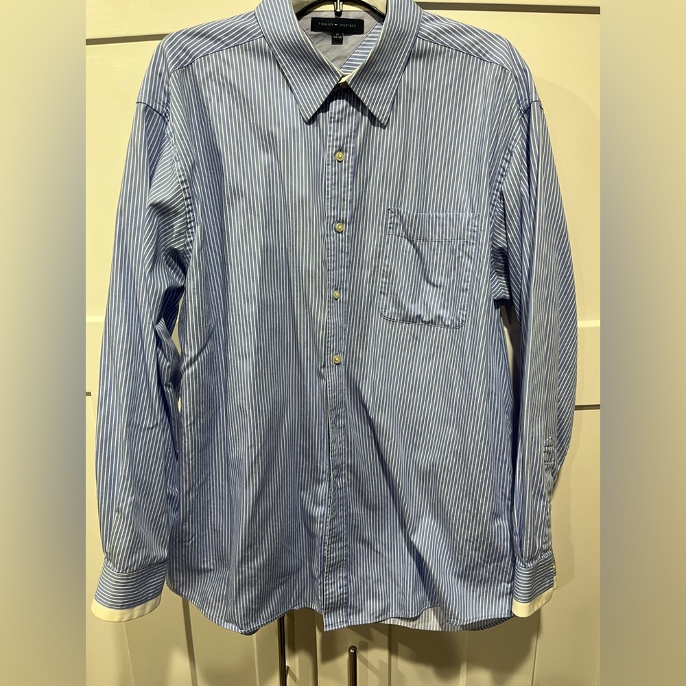 Tommy Hilfiger blue and white stripe button down. EUC.